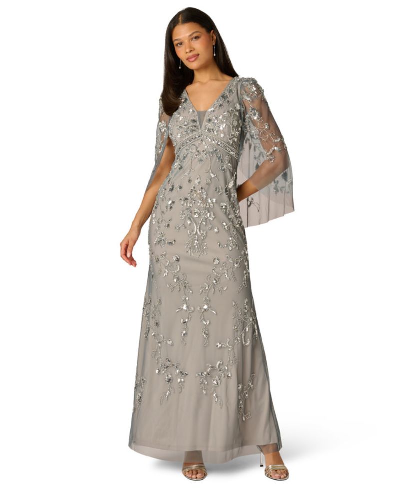 Women's Beaded Cape-Sleeve Gown