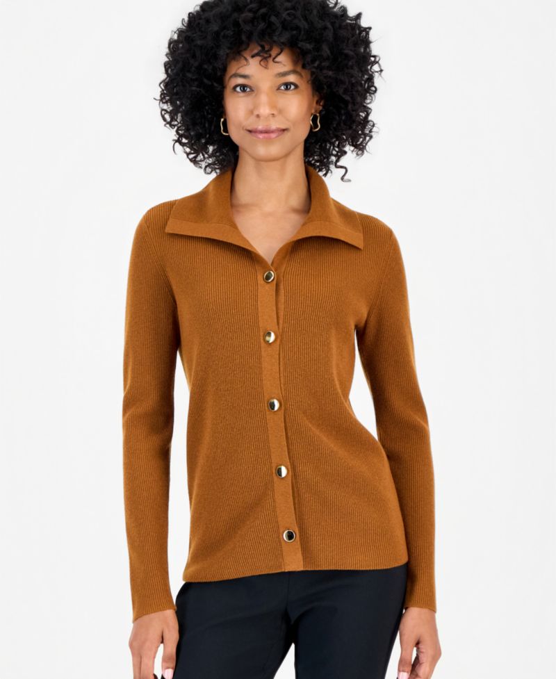 Petite Collared Long-Sleeve Button Cardigan