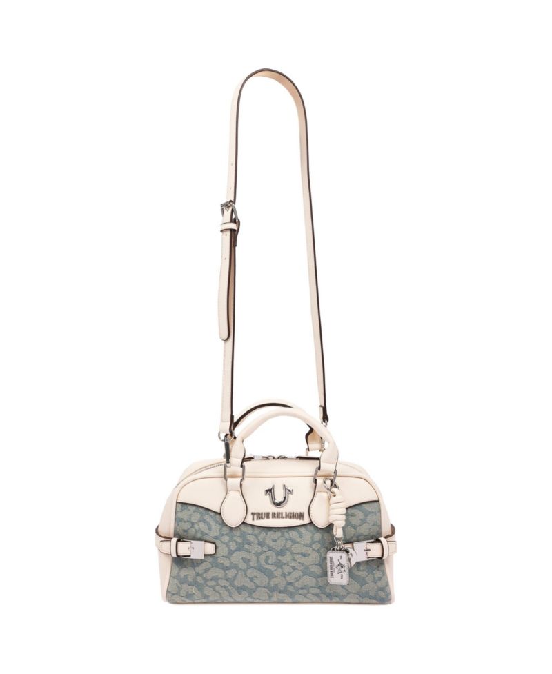 Brooks Leopard Denim Belted Satchel with Horseshoe Charm and Detachable Crossbody Strap