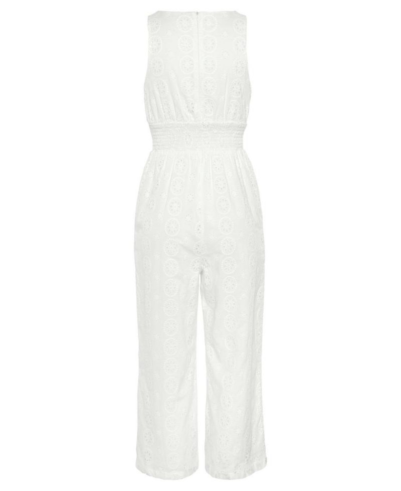 Women's Cotton Sleeveless Eyelet Smocked Jumpsuit