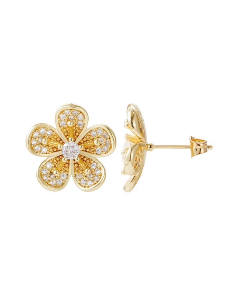 Gold CZ Flower Stud Earrings