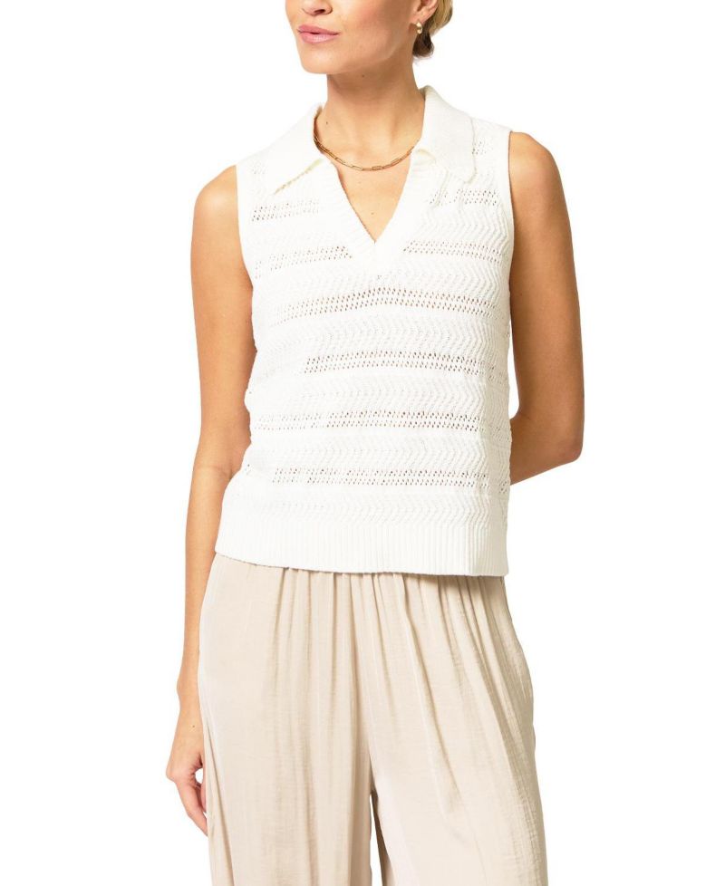 Women's Avery Pointelle Sleeveless Polo Collar V-Neck Sweater Vest