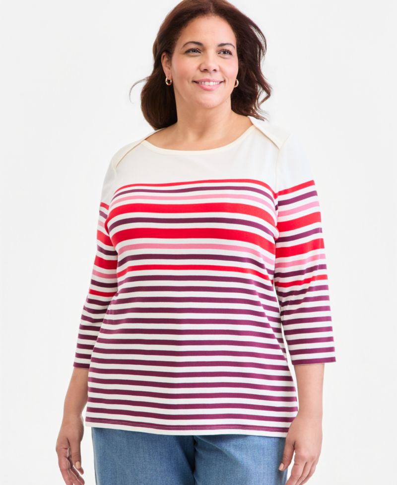 Petite Printed Pima Cotton 3/4-Sleeve Boat-Neck Top
