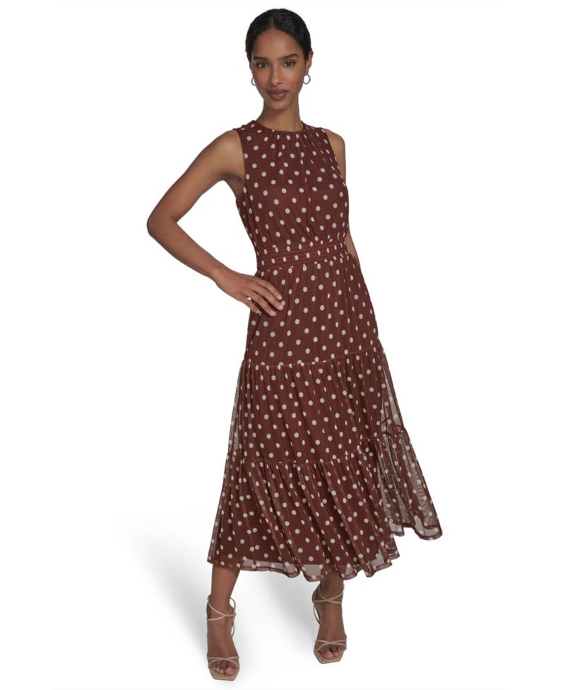 Petite Sleeveless Jewel Neck Tiered Midi Dress