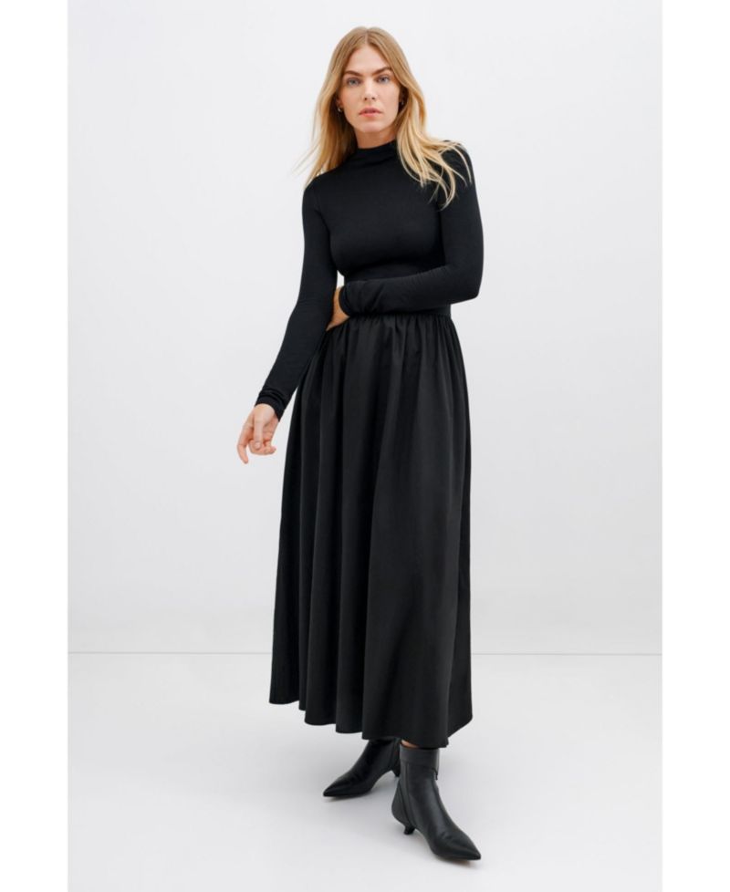Women's Fillmore Mock-Neck Long-Sleeve Midi Dress with Cotton Skirt and Pockets