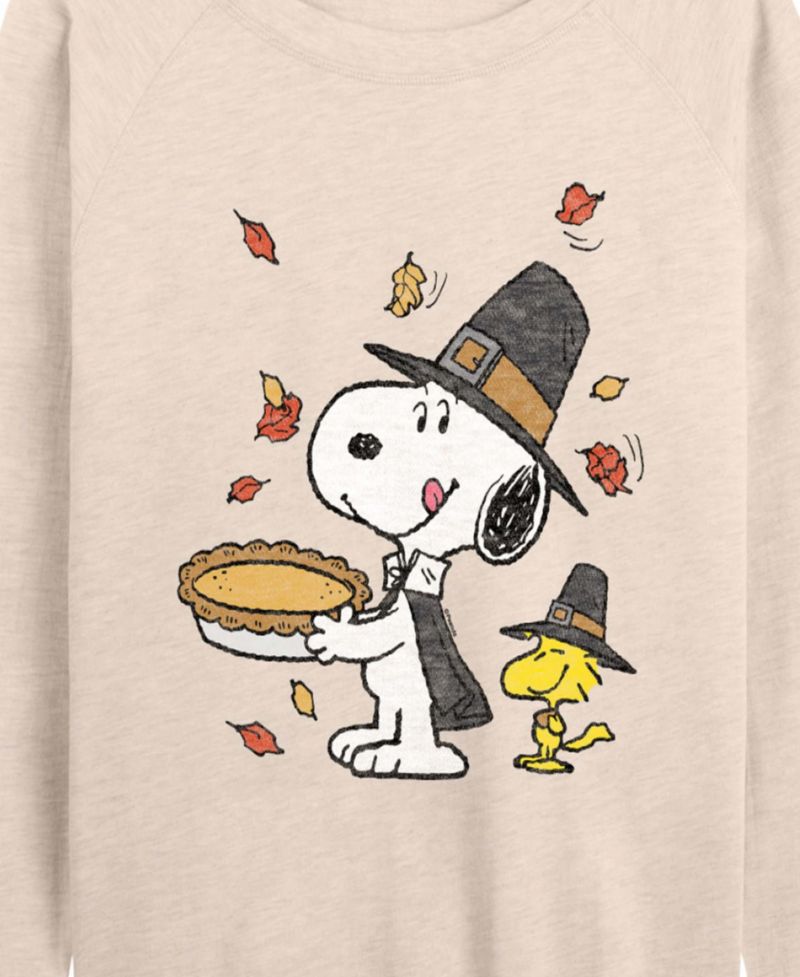 Plus Size Thanksgiving Pie Snoopy and Woodstock French Terry Long Sleeve T-Shirt