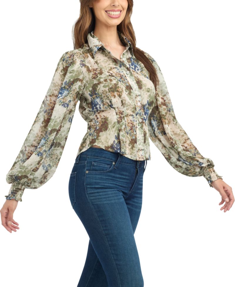 Juniors' Floral-Print Sheer Long-Sleeve Blouse