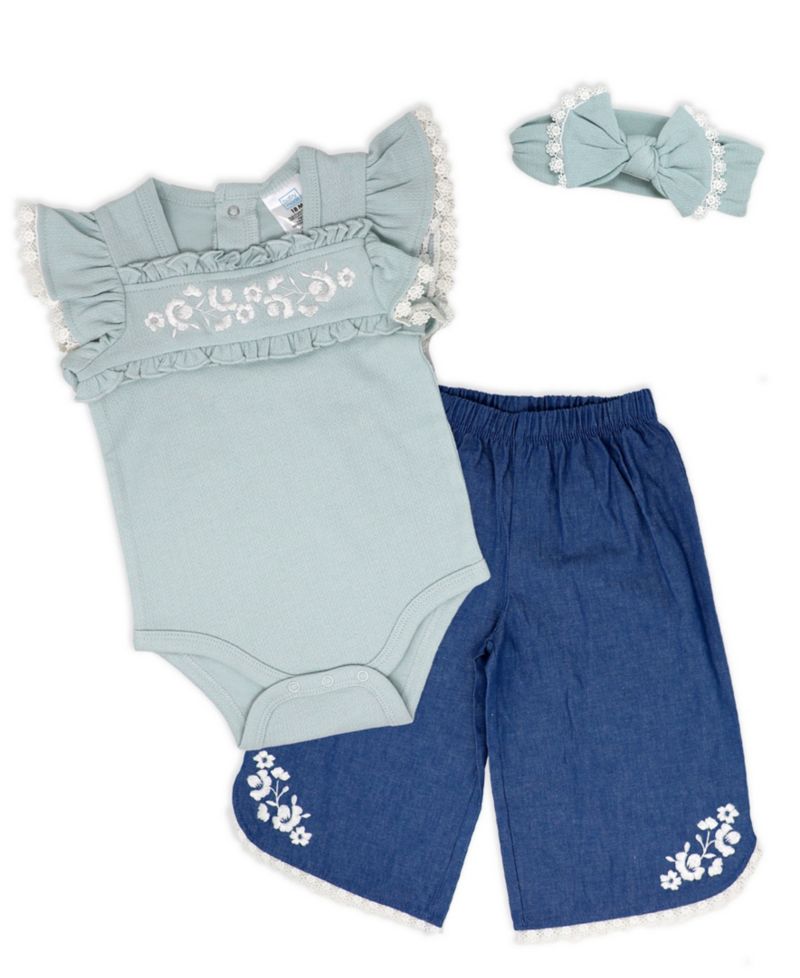 Baby Girls' Short-Sleeve Bodysuit, Denim Pant and Headband, 3-Piece Set