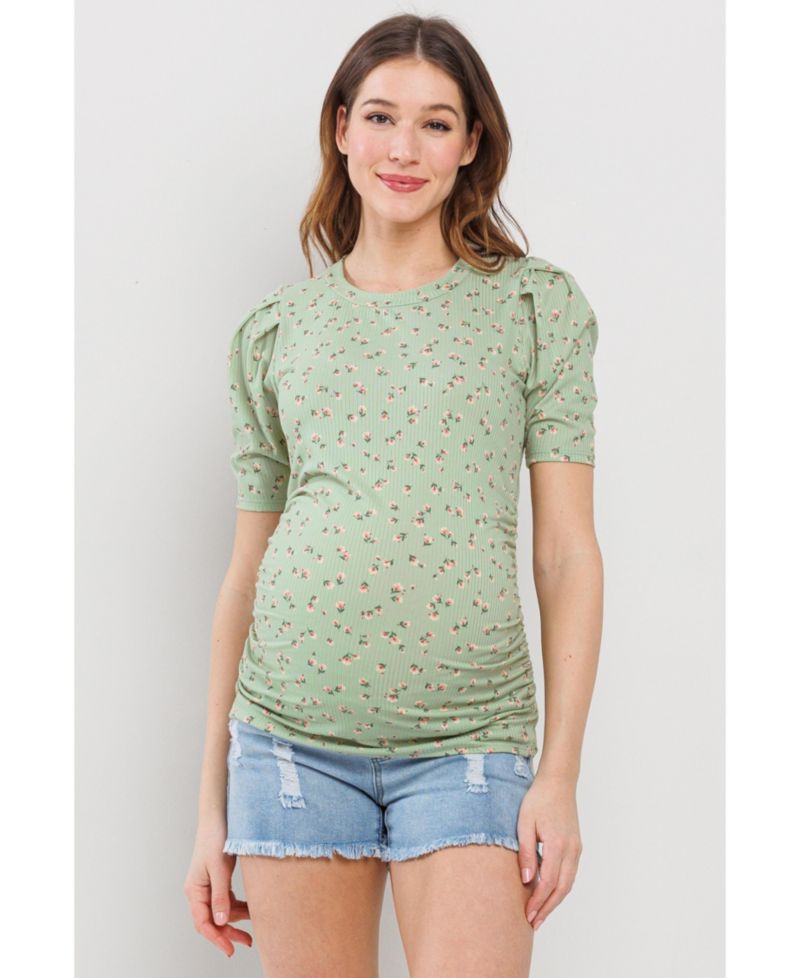 Maternity Floral Ribbed Ruched Puff-Sleeve Fitted Top