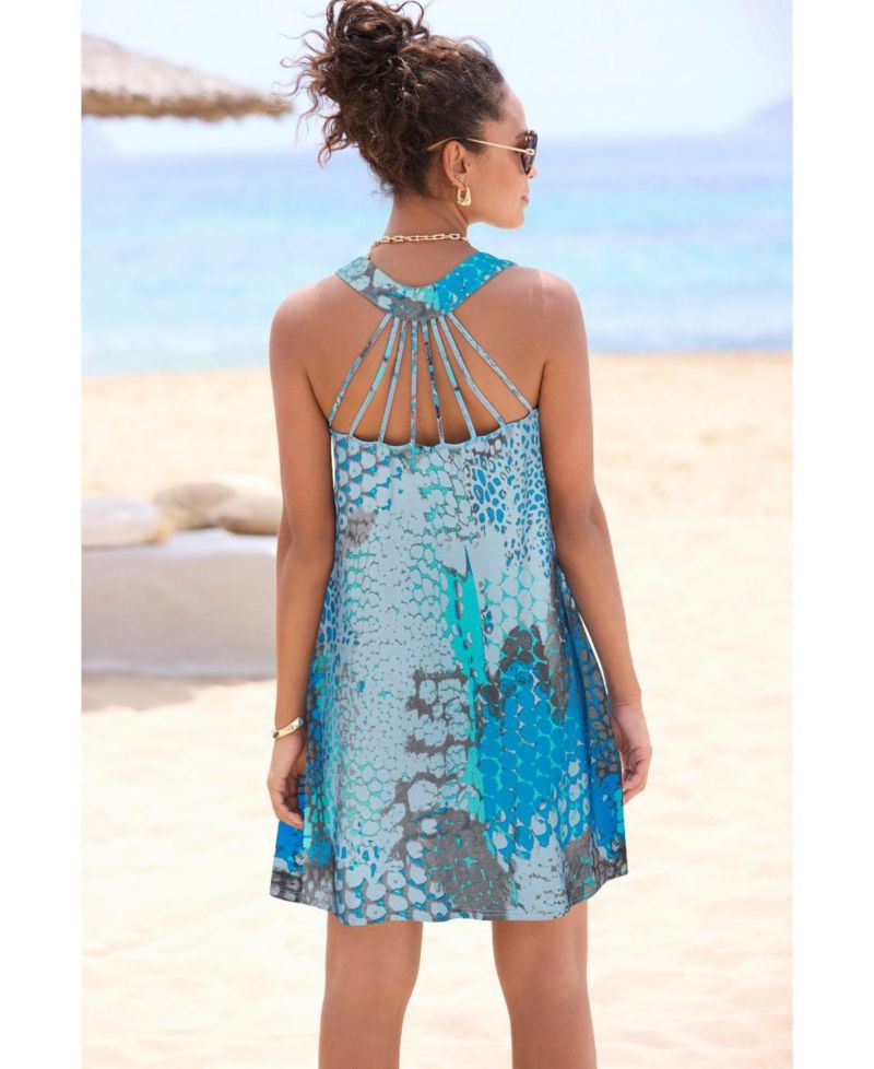 Women's Viscose Printed Strappy Detail Racerback Scoop-Neck Short Dress