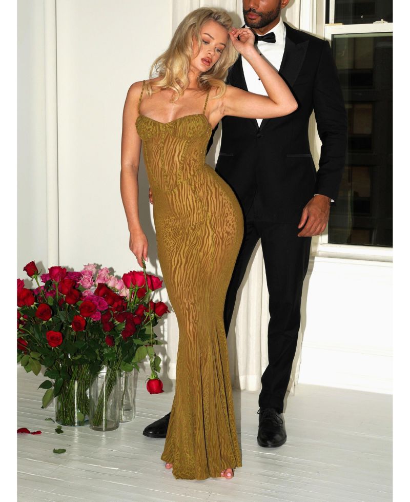 Women's Ulani Gold Burnout Velvet Detail Mesh Maxi Dress