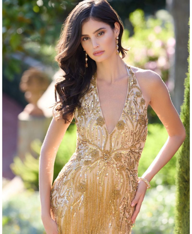 Women's Embellished Halter Gown with Fringe Slit
