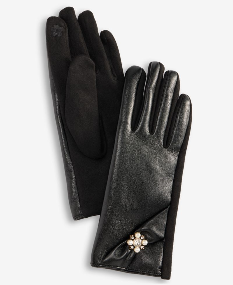 Women's Brooch Faux-Leather Gloves