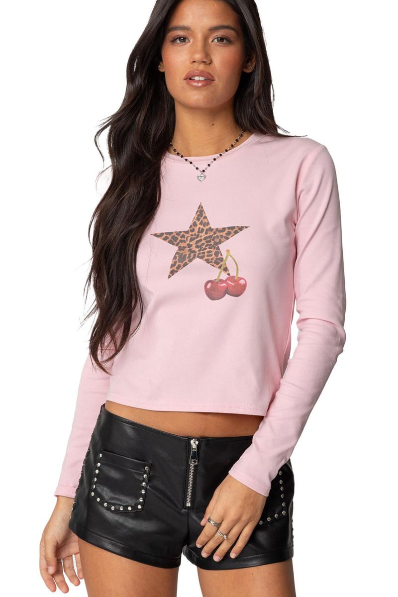 Women's Cherry Leopard Star Long Sleeve T Shirt
