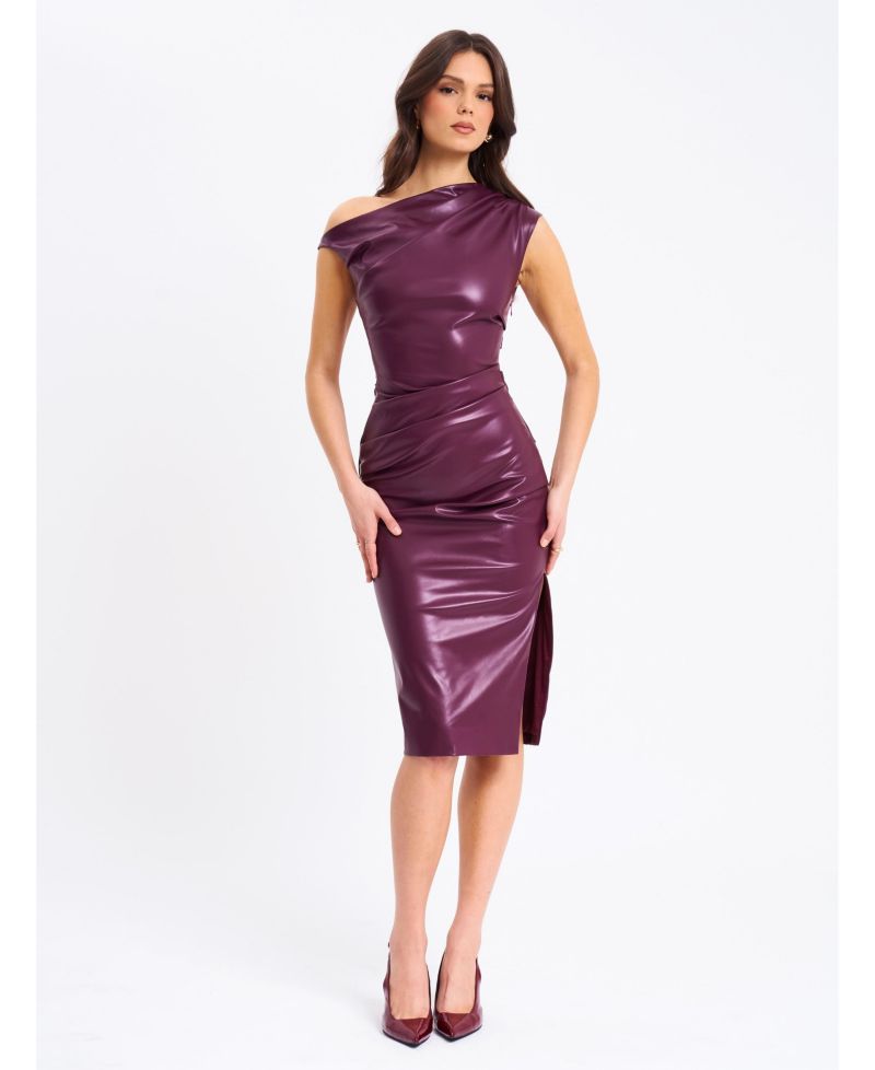 Women's Sabina Purple Leather Slash Neck Midi Dress