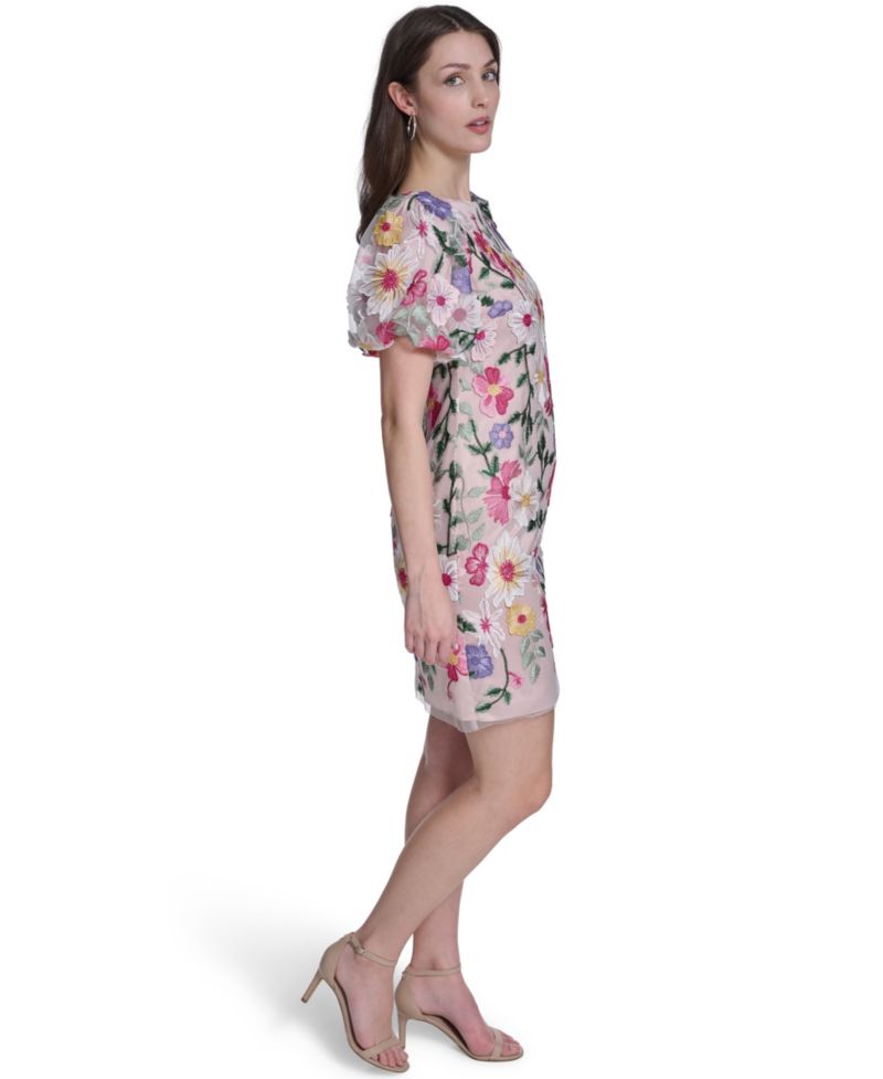 Women's Puff-Sleeve Boat Neck Shift Dress