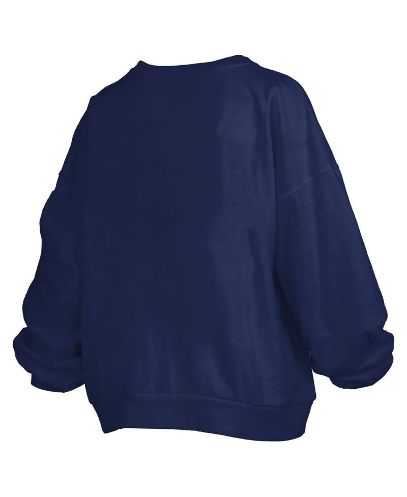 Women's Navy Michigan Wolverines Janise Arch Over Logo Waist Length Oversized Pullover Sweatshirt