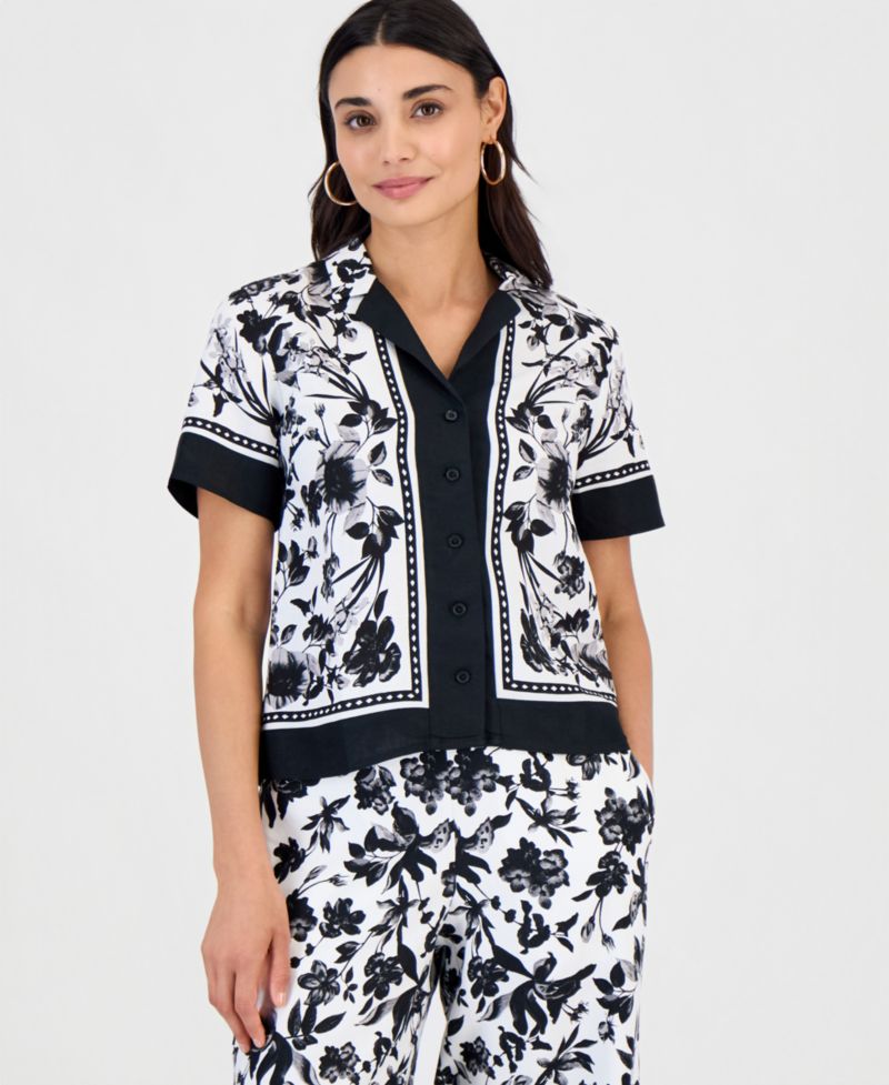 Petite Linen-Blend Printed Short-Sleeve Button-Up Shirt