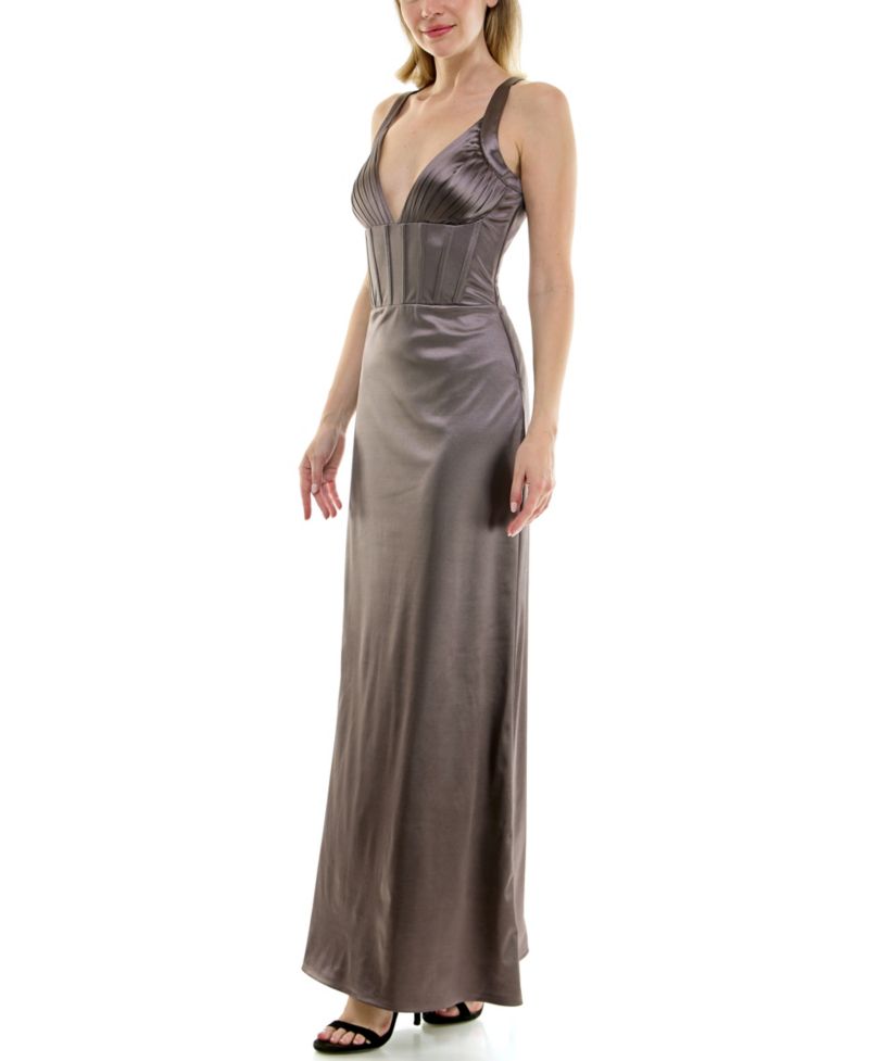 Juniors' V-Neck Satin Corset Maxi Dress