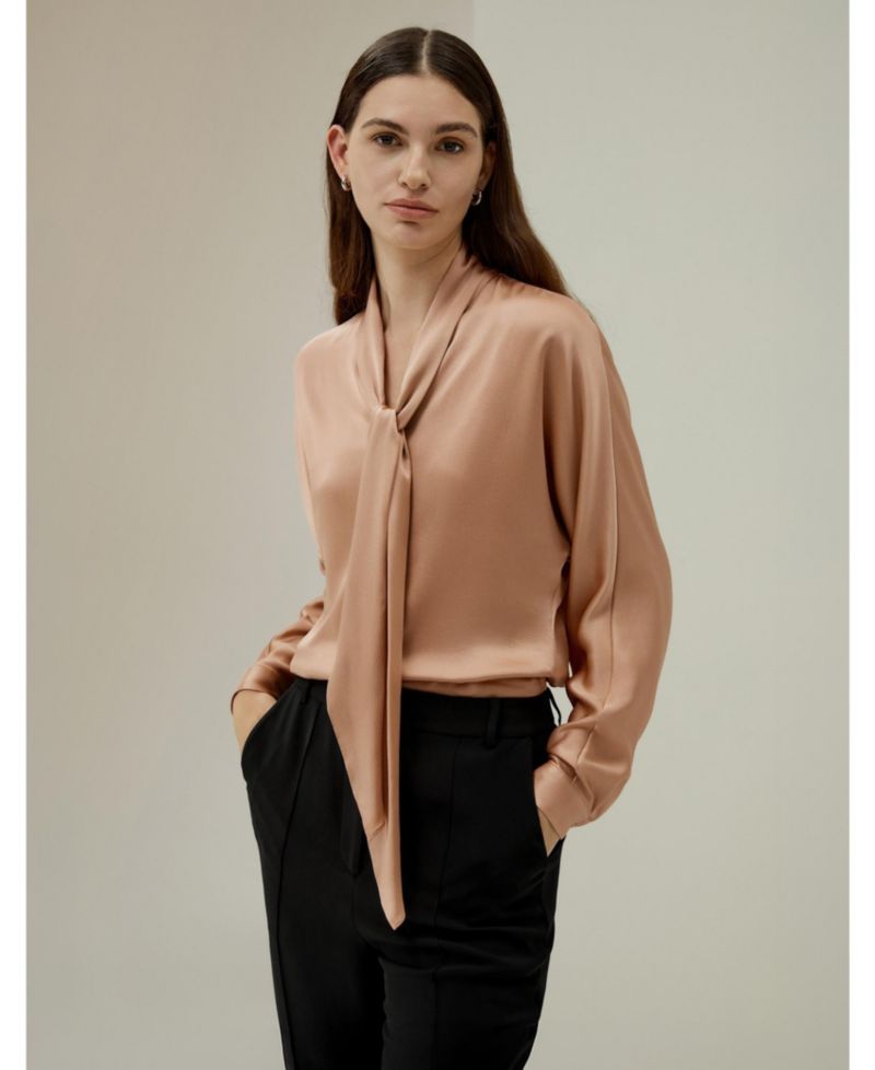 Women's Bat Sleeve Silk Top with Adjustable Neck Tie