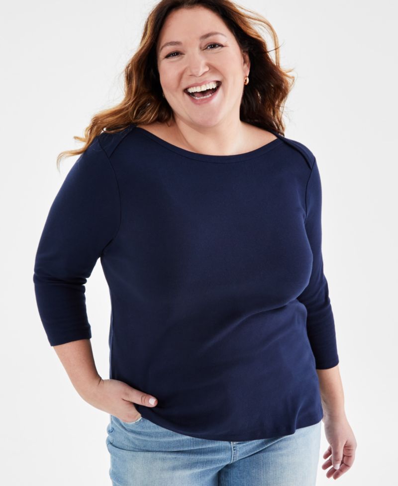 Plus Size 3/4 Sleeve Boat-Neck Top