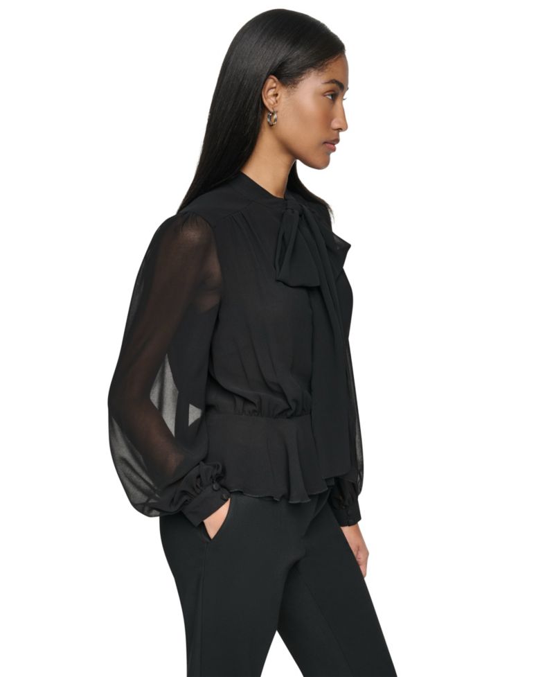 Women's Tie Neck Peplum Long-Sleeve Blouse