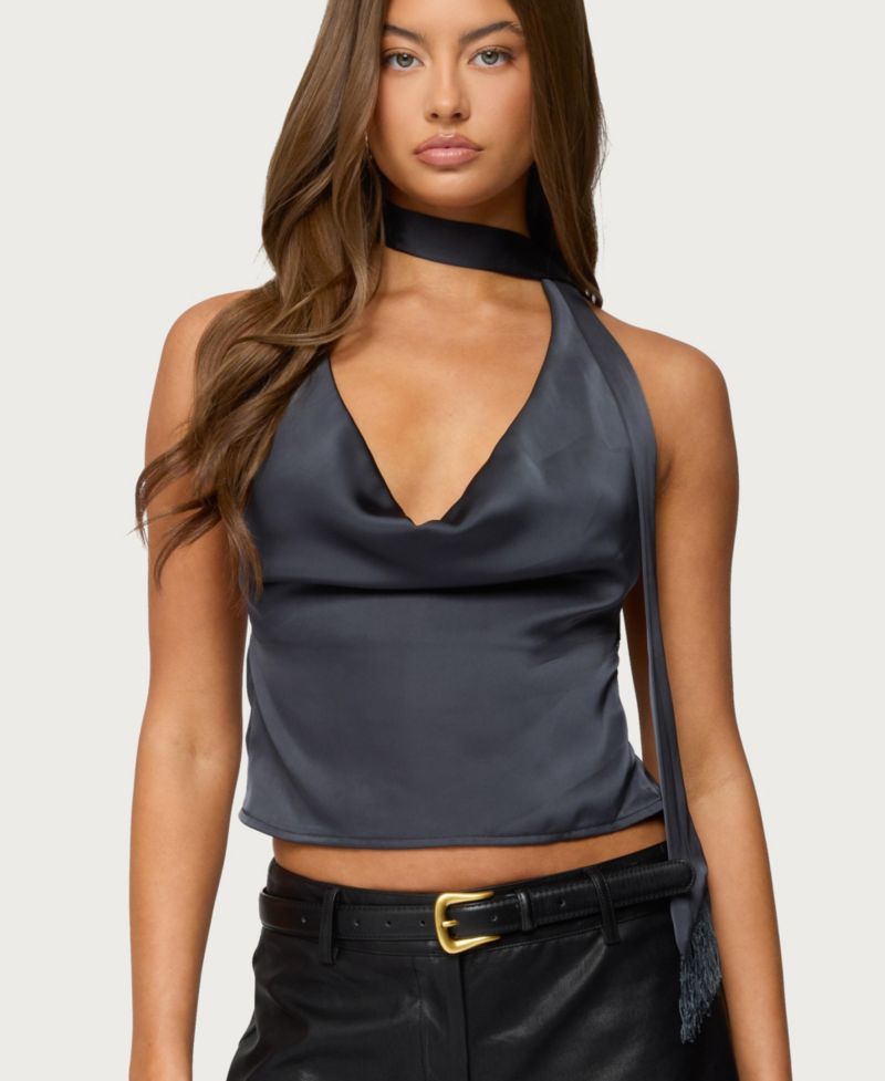 Women's Satin Effect Cowl Neck Scarf Top