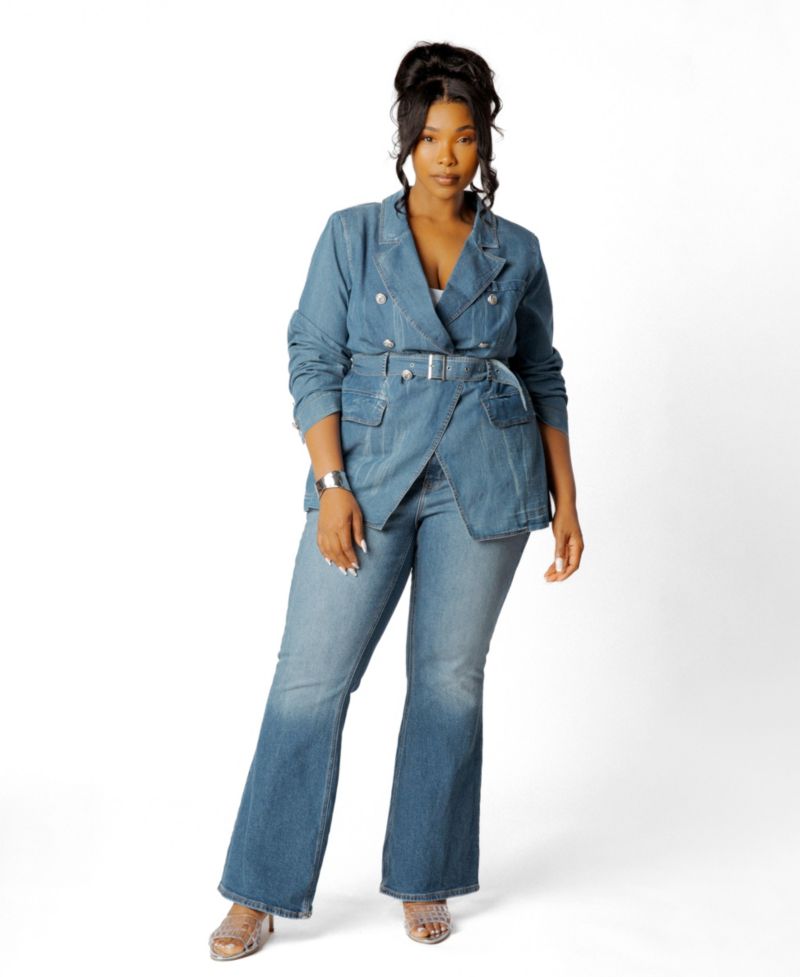 Plus Size Belted Denim Blazer