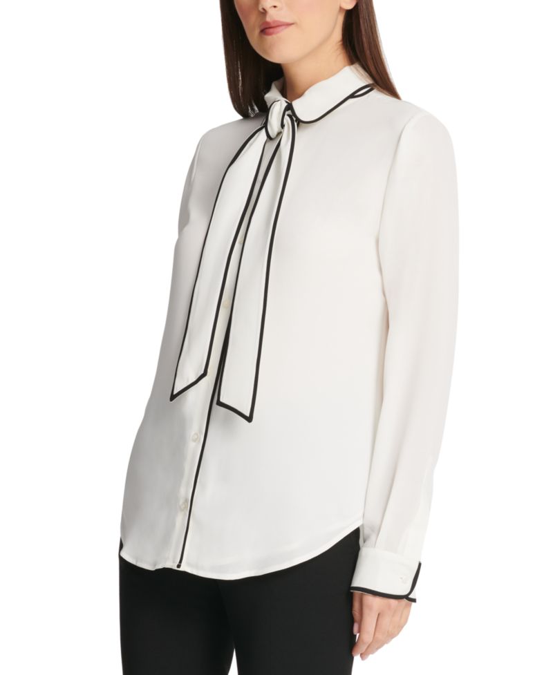 Petite Piped-Trim Button-Up Blouse