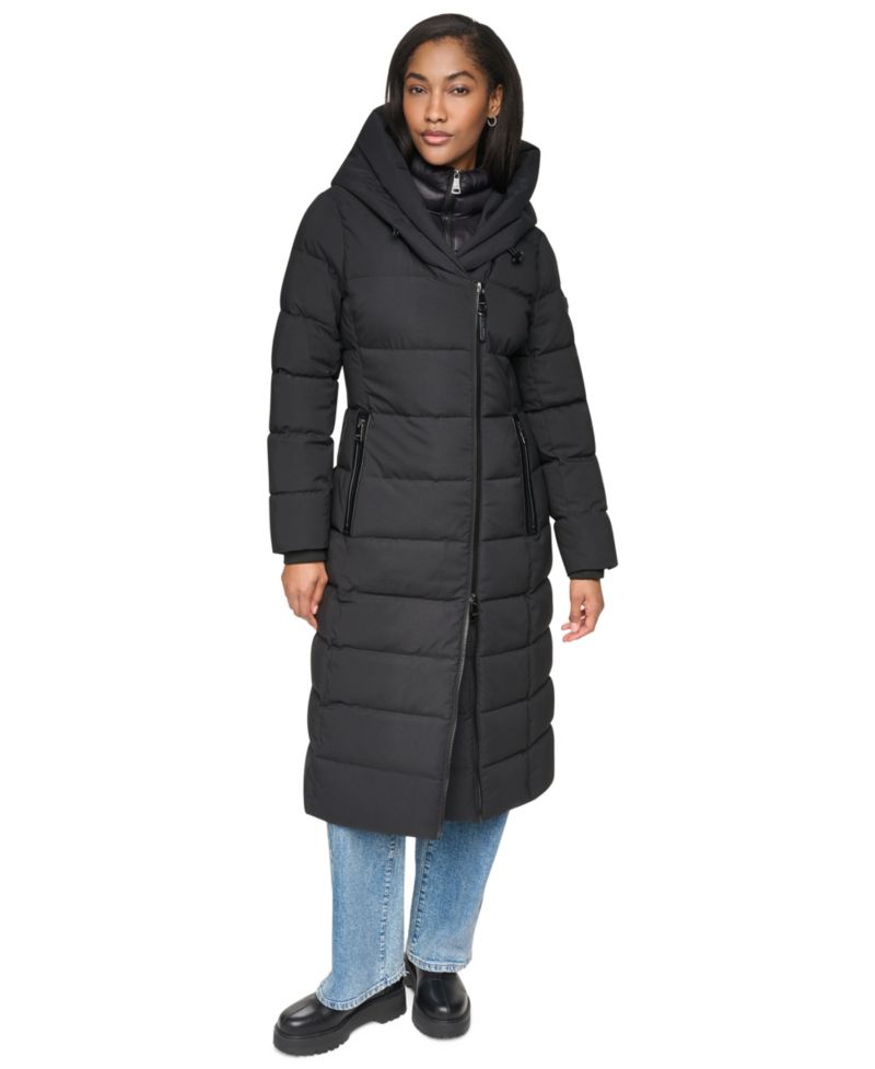 Women's Bibbed Shawl Collar Hooded Puffer Coat