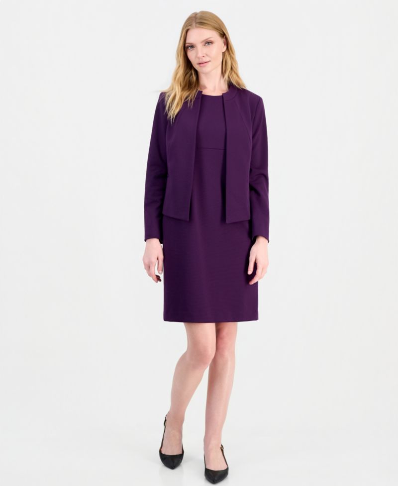 Women's Empire Waist Seam Crewneck Jacket and Dress, 2-Piece Suit
