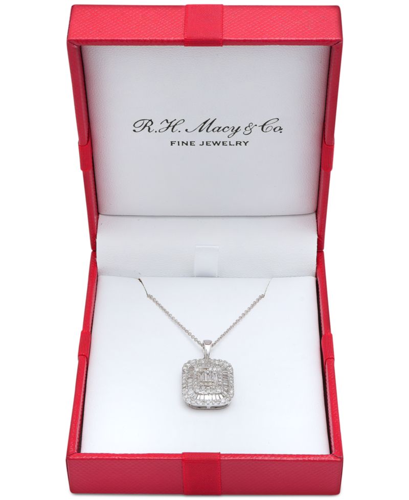 Diamond Round & Baguette Square Halo Cluster Pendant Necklace (1 ct. t.w.) in 14k White Gold, 16" + 2" extender