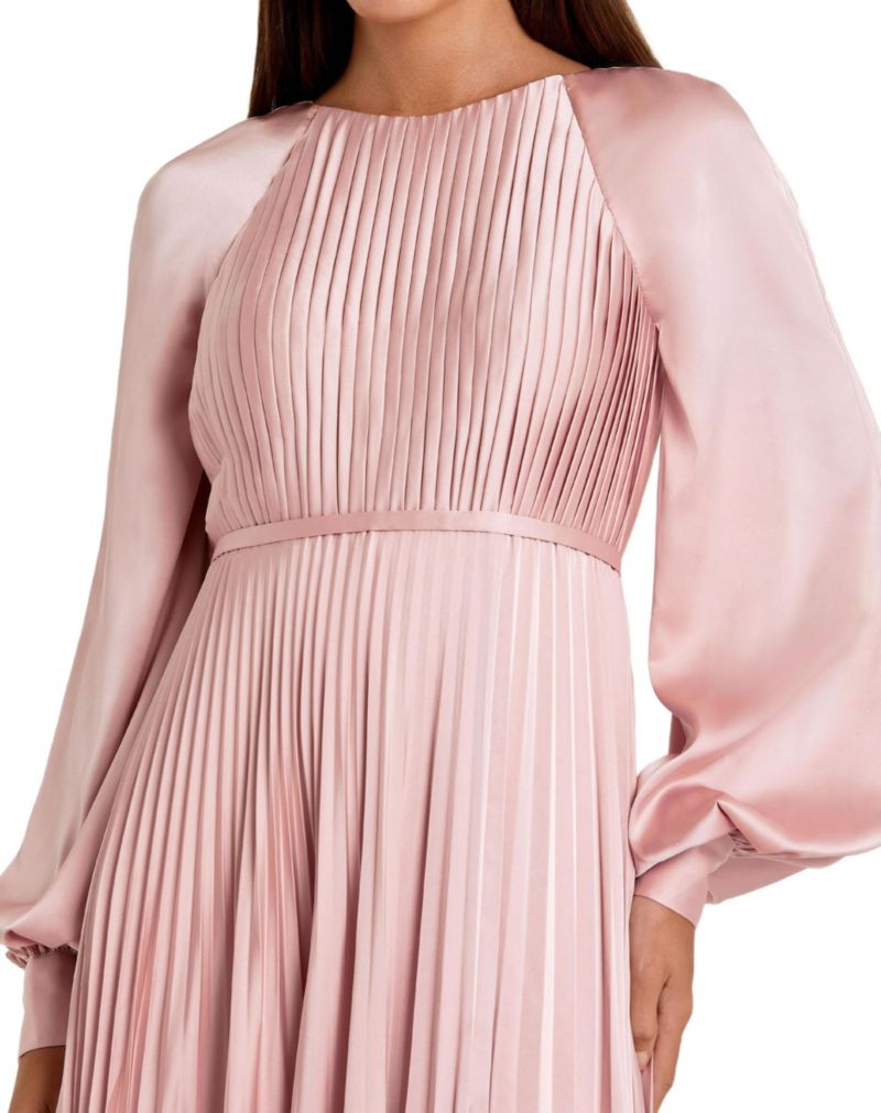 Petite Long Sleeve Pleated High Neck Gown With Slit Dress