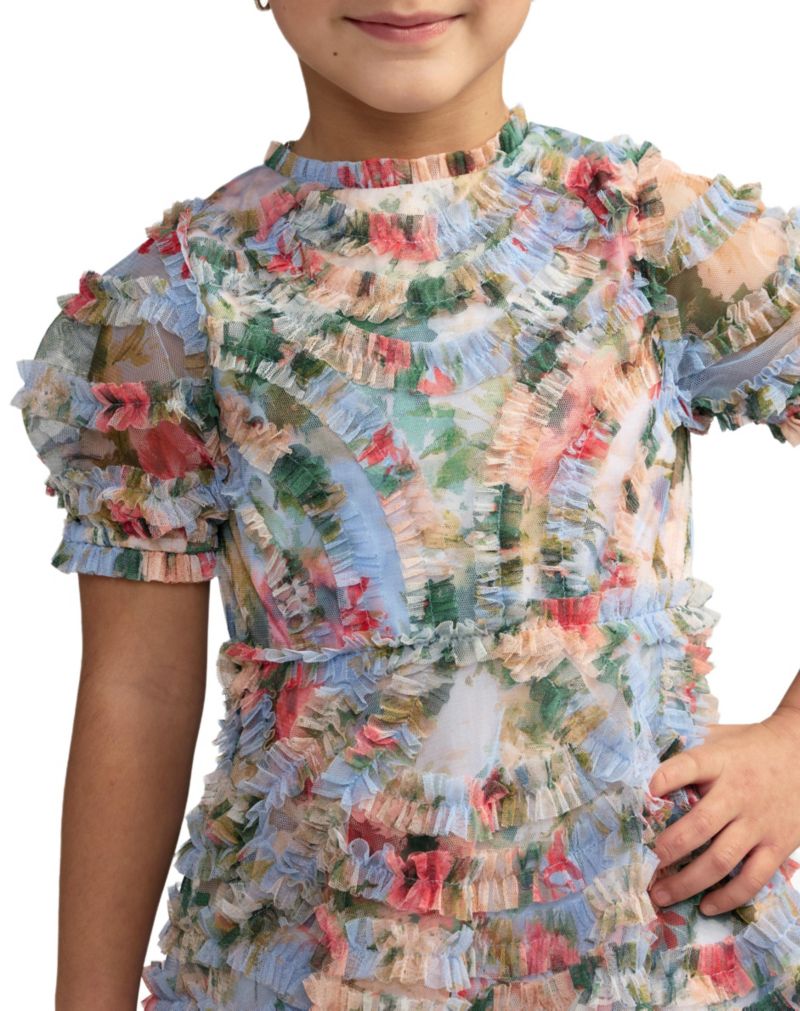 Girls Floral Mesh Tiered Ruffle Puff Sleeve Party Dress