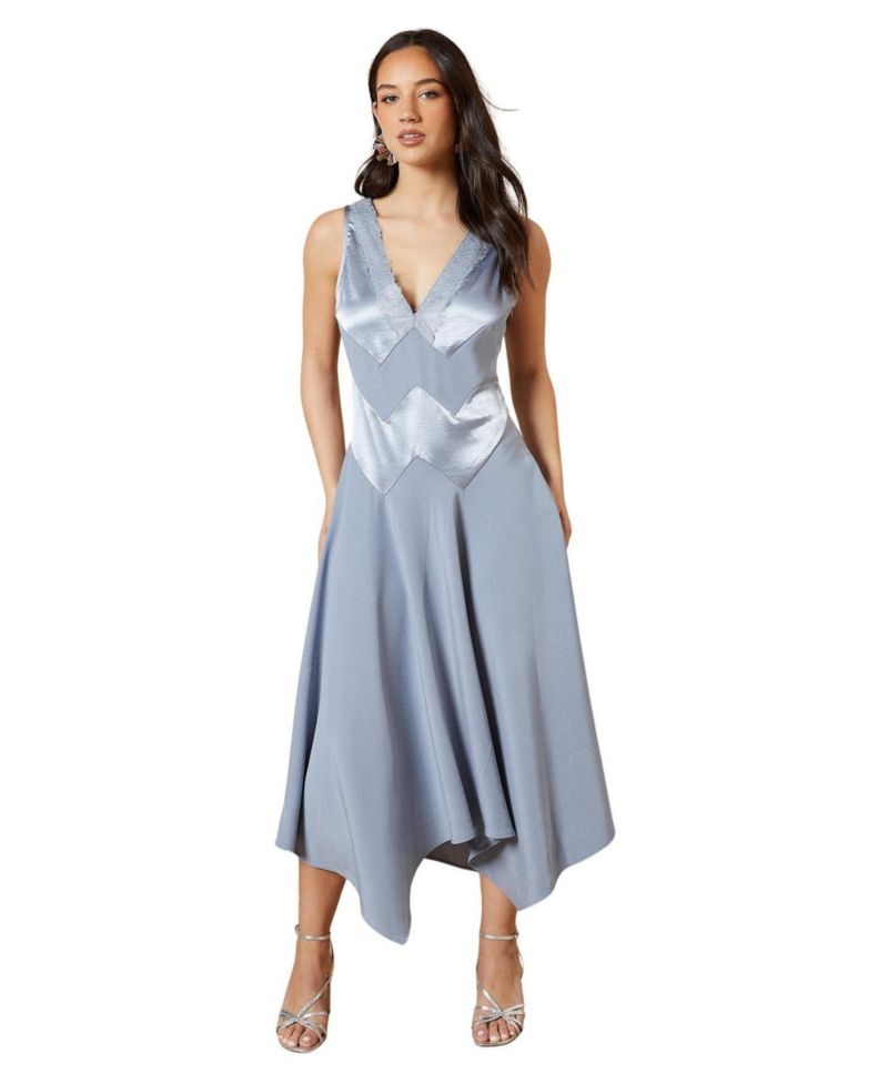 Women's V-Neck Mesh Asymmetric Midi Dress