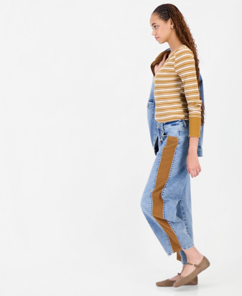 Women's Cord Trim Barrel Leg High-Rise Jeans