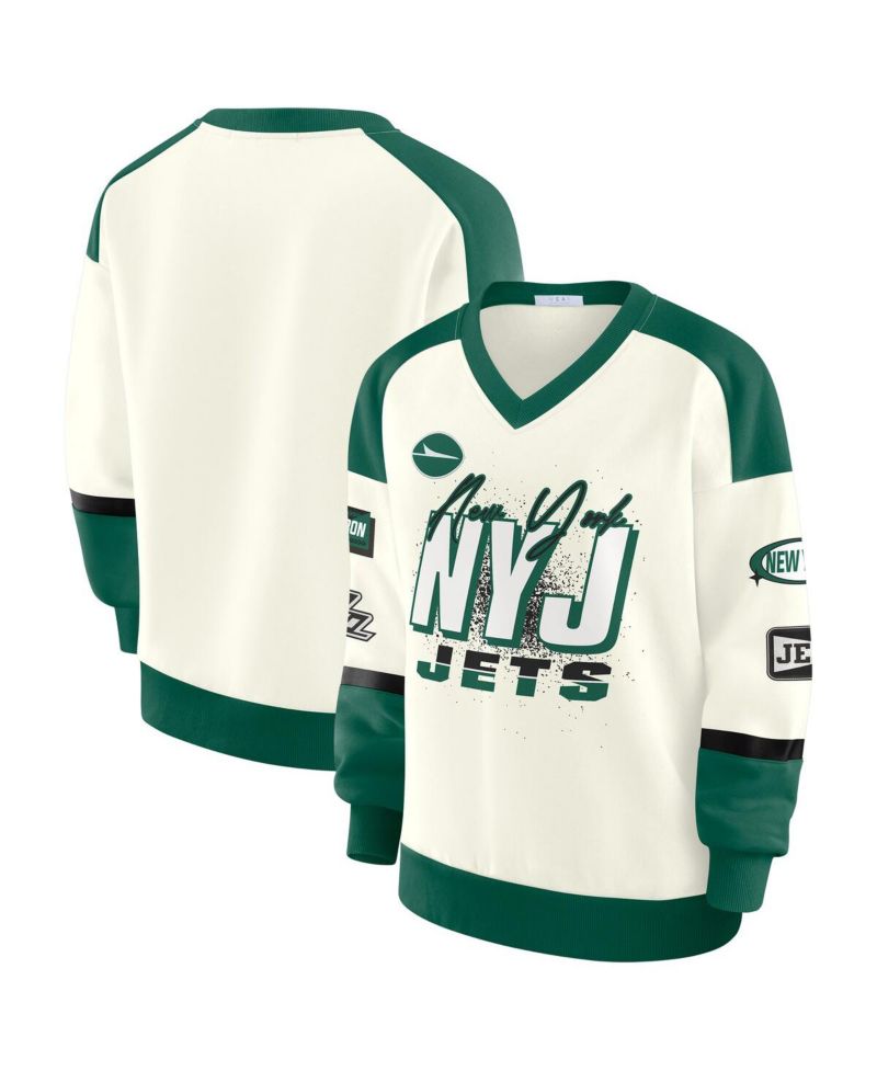 Women's Cream New York Jets Racing Crew V-Neck Sweatshirt