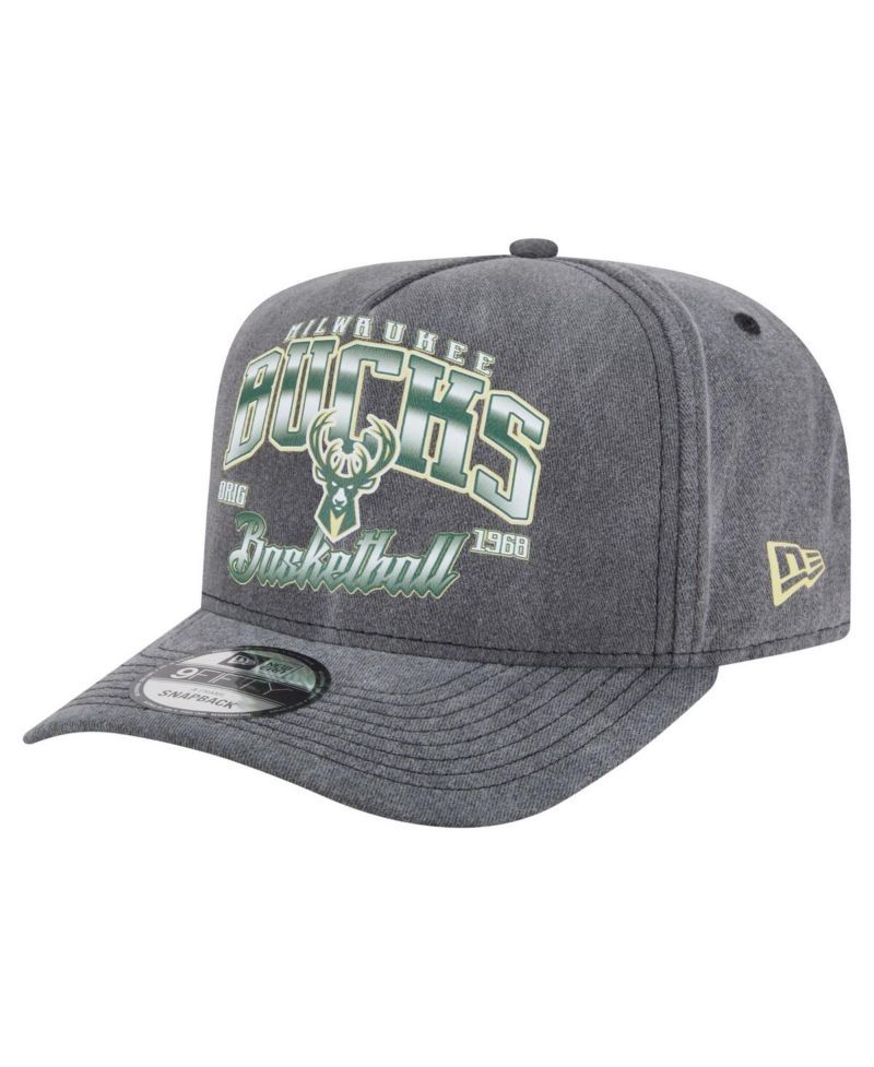 Men's Charcoal Milwaukee Bucks Throwback Washed Pre-Curved 9FIFTY Snapback Hat
