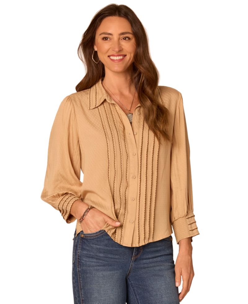 Women's 3/4-Sleeve Button Down Bubble Hem Blouse