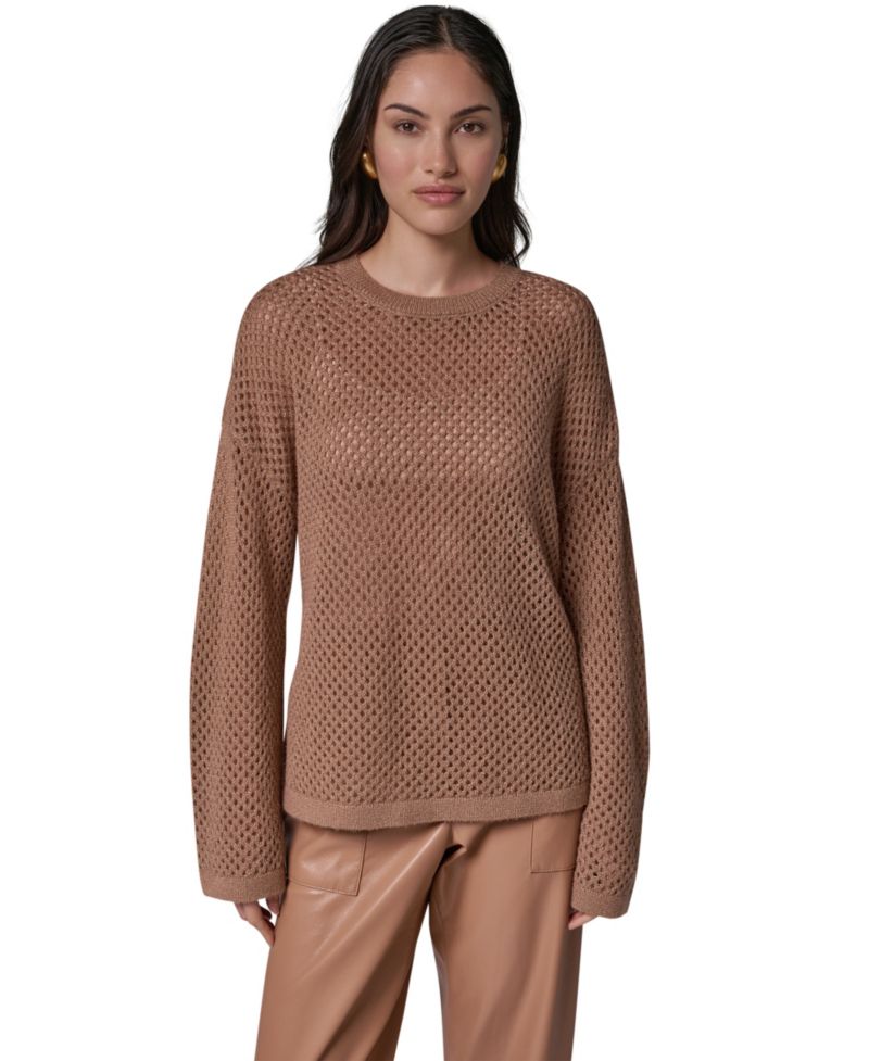 Women's Oversized Long-Sleeve Open-Weave Crewneck Sweater