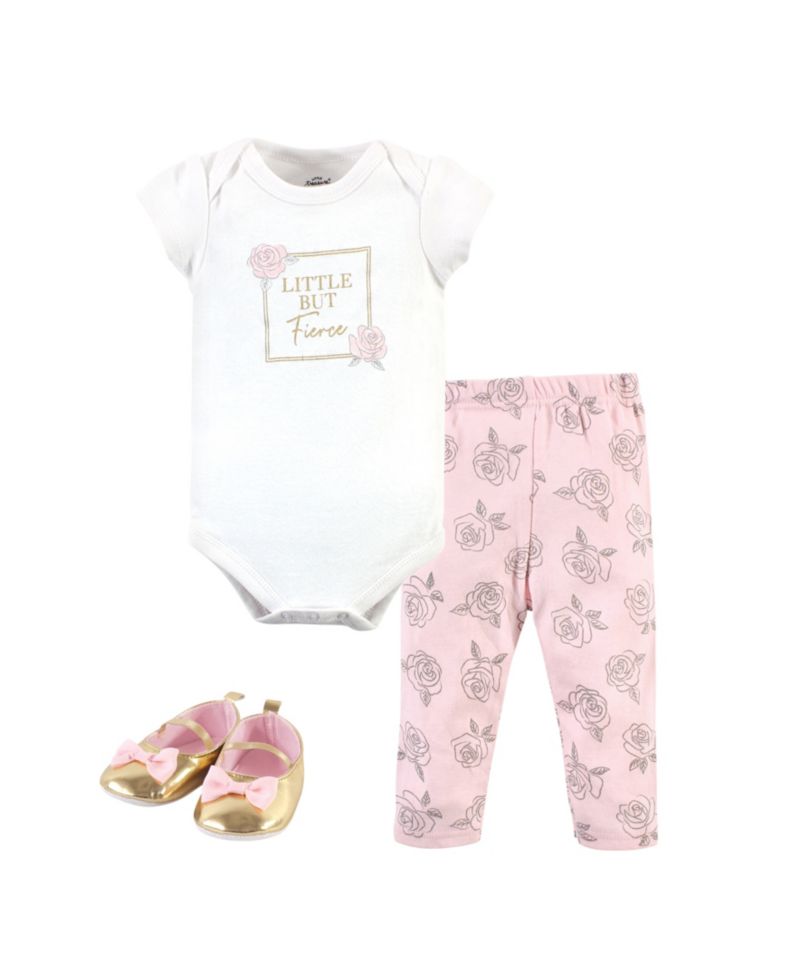Little Treasure Baby Girls Treasure One's Cotton Outfit Set Bodysuit, Pants, and Matching Shoes