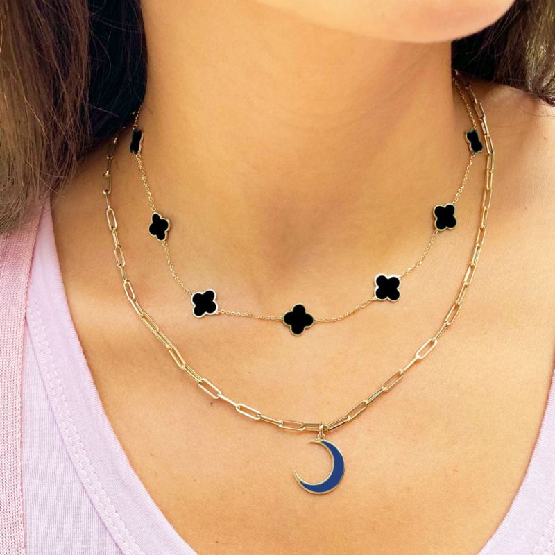 Small Onyx Clover Necklace 14K Yellow Gold