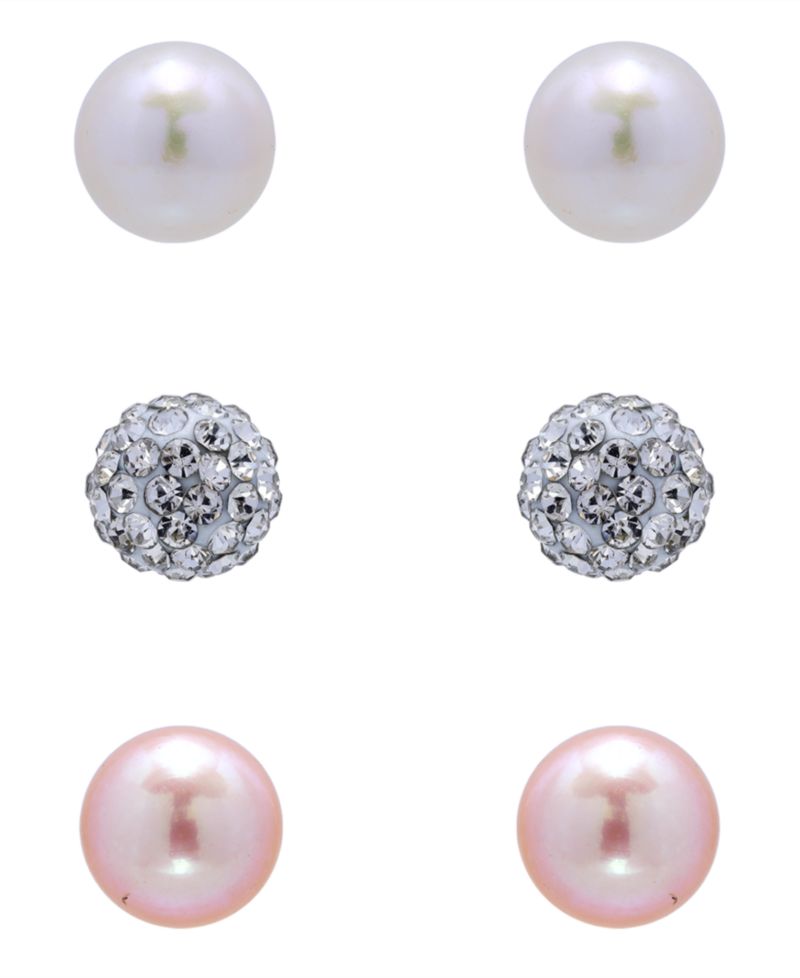 White and Pink Freshwater Pearl Button and Clear Crystal Fireball Stud Earrings Set