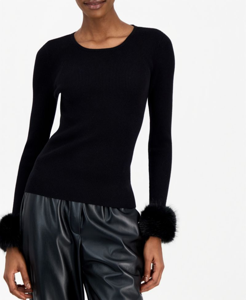 Women's Savannah Crewneck Long-Sleeve Faux-Fur Cuff Sweater