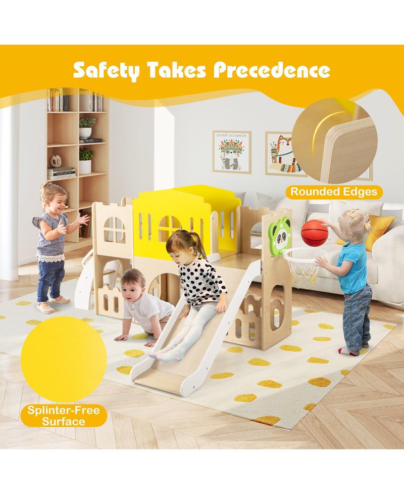 7-in-1 Toddler Slide Set Wooden Castle-Shaped Activity Center