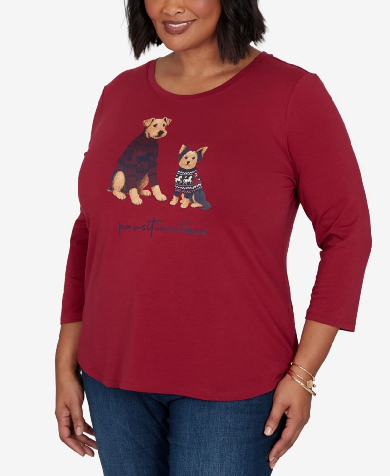 Plus Size Pawsitive Boat Neck 3/4-Sleeve Graphic T-Shirt