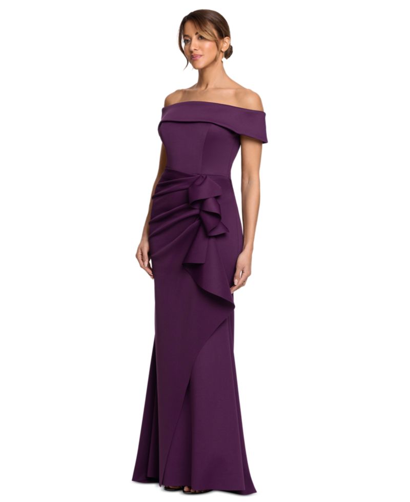 Women's Off-the-Shoulder Scuba Side-Ruffle Gown