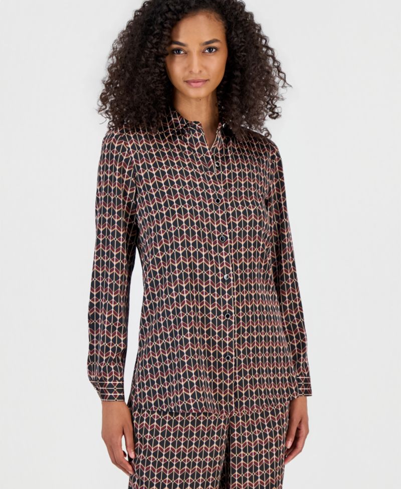 Women's Collared Button-Front Blouse & High-Rise Pull-On Wide-Leg Pants