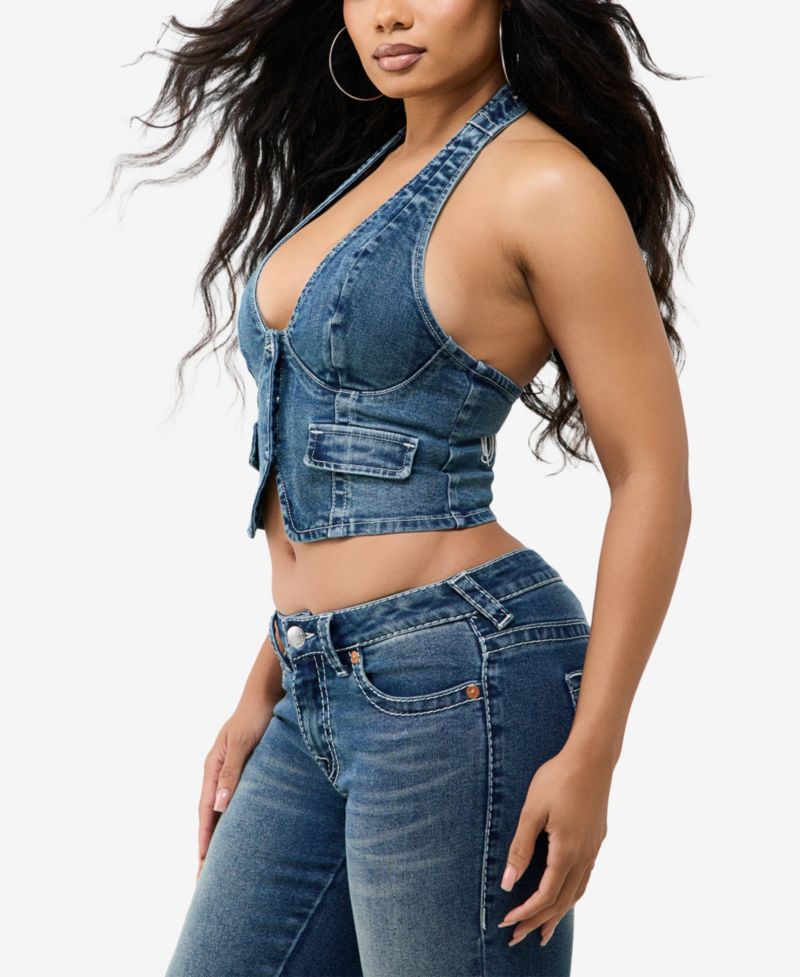 Women's Denim Halter Cropped Tank Top