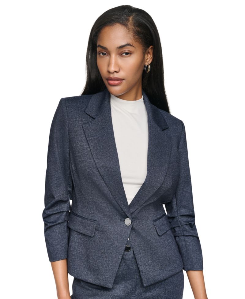 Women's Faux Denim Short Ruched-Sleeve Blazer